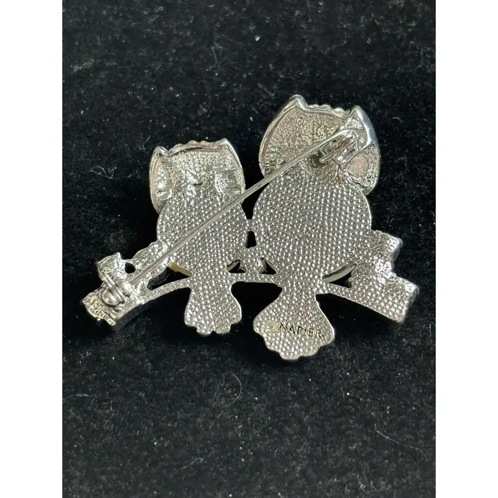Vtg 1990 Napier Classic Jelly Belly Two Owls On A Branch Brooch Crystal Sparkle